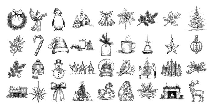 Christmas holiday mega set vintage woodcut engraving style, winter festive ornaments and icons collection