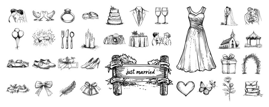 Wedding and marriage mega icons set vintage woodcut engraving style, bride dress rings cake celebration elements vector