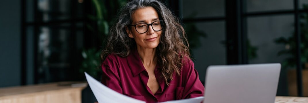 Mature woman reading documents at a laptop in a modern office for remote work background and focused workspace design