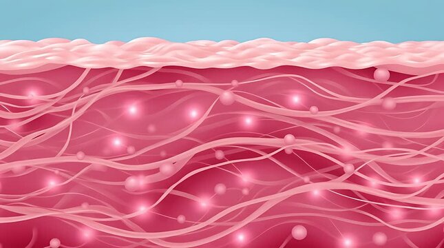 Close-up illustration of skin layers showing collagen and elastin fibers with glowing particles.