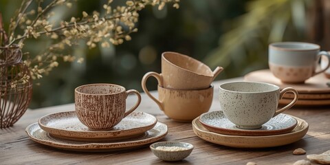 Fototapeta premium Contemporary ceramic cups paired with textured plates and bowls
