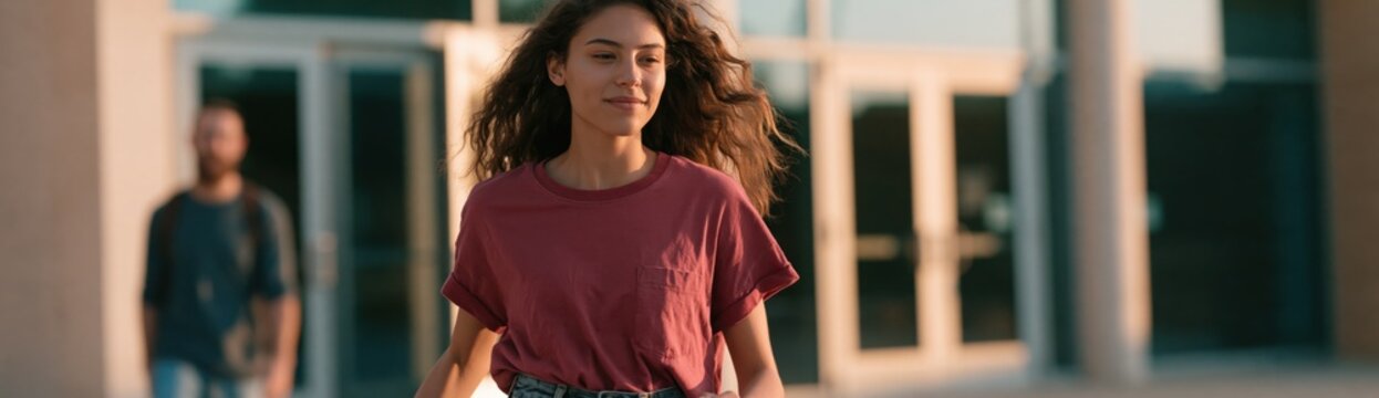 Teenage girl running joyfully outside school entrance with peers in background for youth program poster or banner design