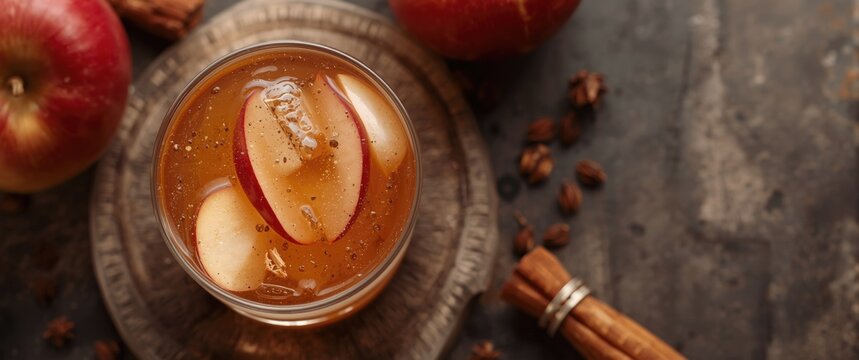 Festive hard apple cider cocktail garnished with cardamom and red apple slices overhead