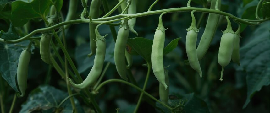 Close up image showcasing multiple runner bean pods on a green runner bean plant