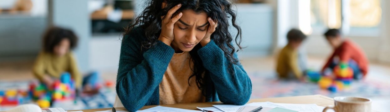 Stressed young woman holding head at cluttered desk with children's toys in the background for burnout and parenting support banner background