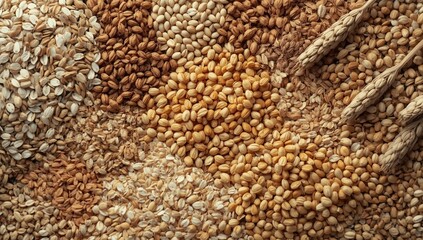 Obraz premium Compilation of various cereals and natural grains demonstrating raw food agricultural concepts