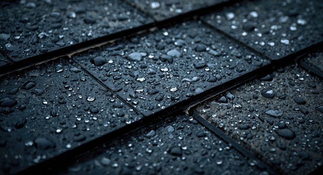 Close up detailed view of raindrops on textured bituminous stone roof highlighting moisture protection