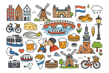 Fototapeta premium Amsterdam travel doodle set featuring cute hand drawn city symbols and landmarks in line art style including canal houses clogs tulips bicycle and cheese for tourism and vacation designs.