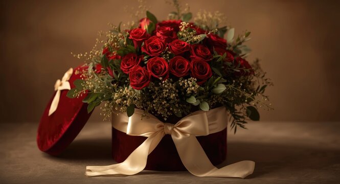 Elegant red rose bouquet in a luxurious hatbox with lush greenery and a wide satin ribbon bow