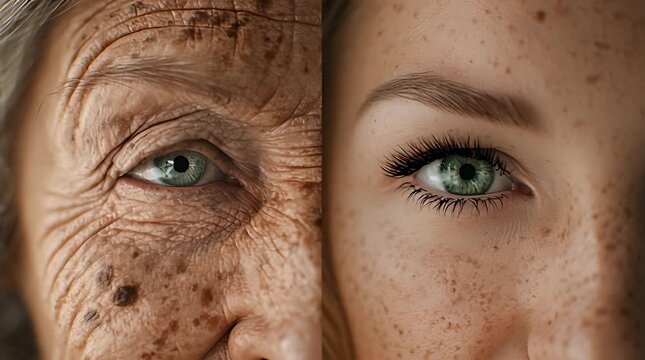 Split image showing the contrast between an elderly woman's wrinkled skin and a young woman's freckled skin.