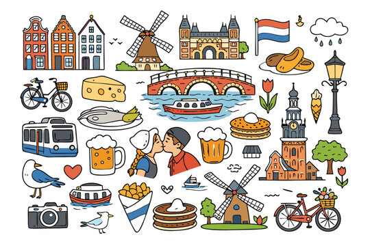 Amsterdam travel doodle set featuring cute hand drawn city symbols and landmarks in line art style including canal houses clogs tulips bicycle and cheese for tourism and vacation designs.