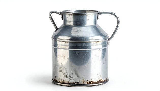 Vintage Metal Milk Can with Handles on White Background.