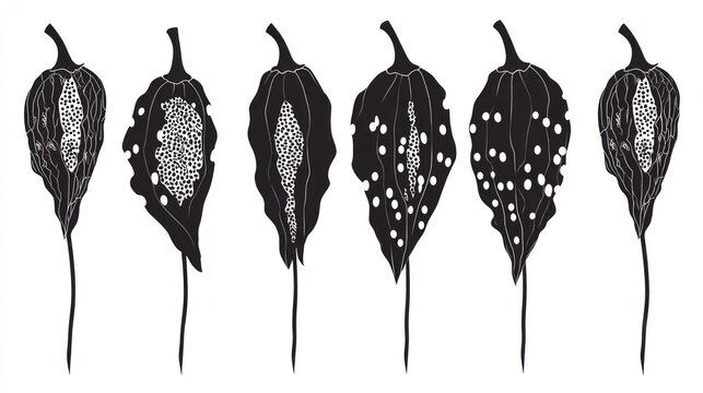Series of six stylized botanical illustrations depict leaf damage progression in stark monochrome