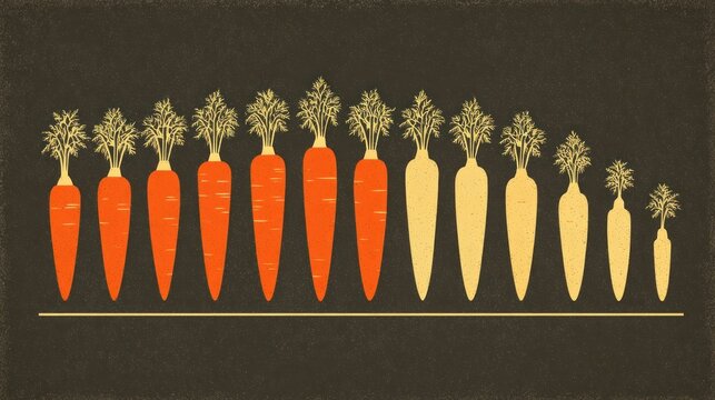Sequence of root vegetables illustrates a decreasing measurement trend across a dark background