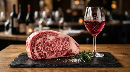 Premium marbled wagyu ribeye steak resting next to a crystal glass of vibrant ruby red wine on a dark slate serving board in perfect lighting.