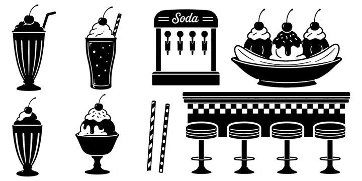 1950s soda fountain diner counter black silhouette icon set with milkshake, banana split, ice cream sundae, soda machine, straws and checkered counter stools in retro vintage style