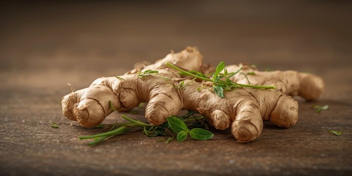 Detailed image of fresh aromatic ginger roots with knotted fibrous texture