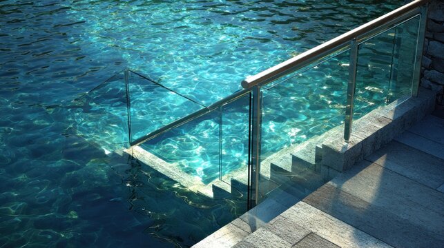 Clear blue water laps against submerged stone steps with modern glass railing