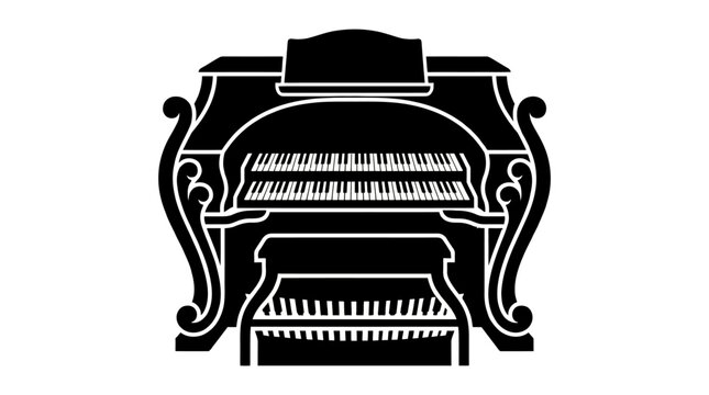 Silhouette of an Antique Pipe Organ with Ornate Details and Benches.