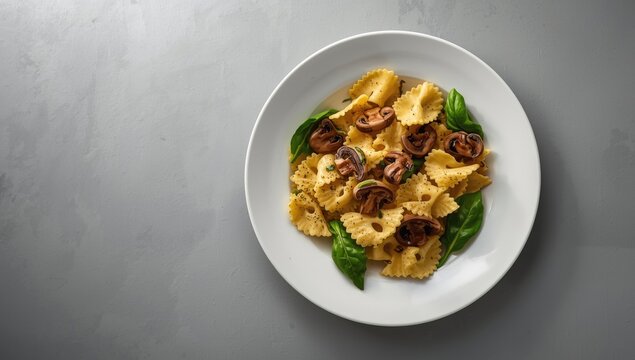Flat lay of farfalle pasta combined with mushrooms and spinach on ceramic plate set on gray background with blank space