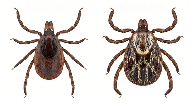 Male and female tick macro shot isolated on white background