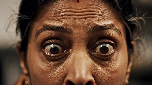 Closeup of a womans wide fearful eyes and furrowed brow.