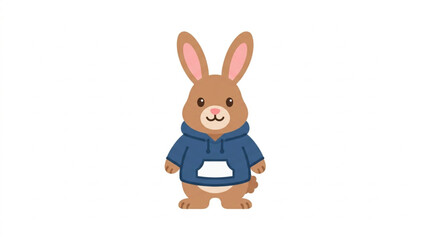 Fototapeta premium Cute cartoon rabbit wearing a blue hoodie standing.