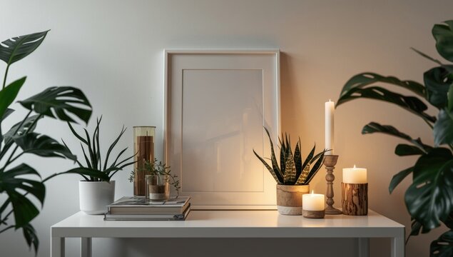 Contemporary white frame table display with fresh zamioculcas plants and candlelight