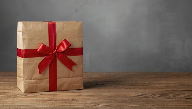Gift package tied with bold red ribbon on wood surface beside roomy paper bag gray background
