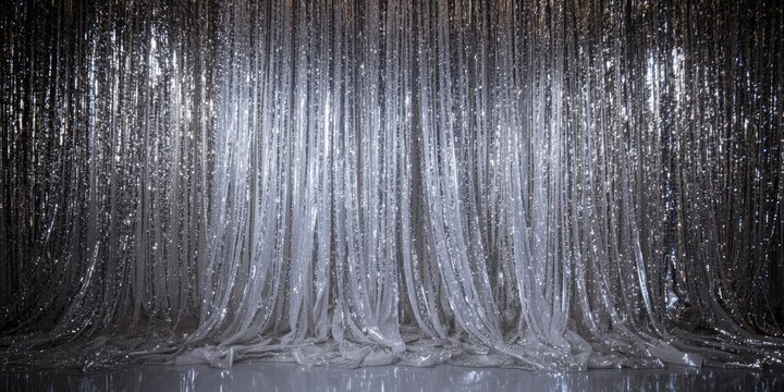 Glossy reflective silver sequin drapes used as curtains for editorial backdrop scenes