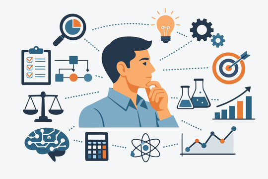 Conceptual illustration of a man with logical mindset, showcasing analytical and rational thinking with reason-based cognitive style, depicted in a clean and simple flat vector art style.