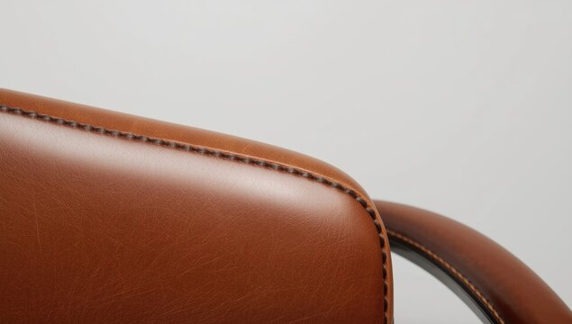 Close framing of a barber chair&acirc;&euro;&trade;s luxurious brown leather padding and texture