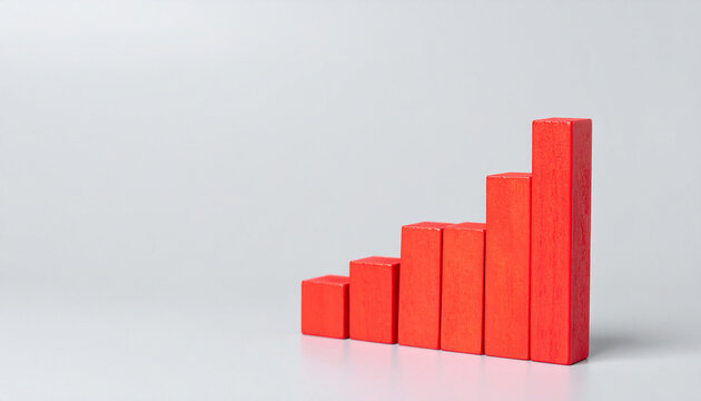 Minimal wooden red bar chart, data visualization bars, business analytics and KPI improvement concept, financial growth and performance tracking theme. Close-up.