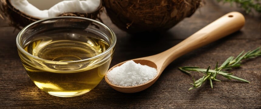 Coconut MCT oil in glass bowl alongside wooden spoon illustrating triglyceride content