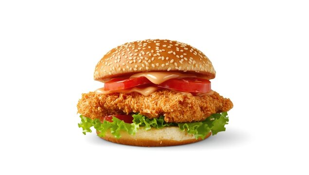 Golden crispy chicken sandwich with garden fresh vegetables and smooth sauce on sesame seed bun isolated on white