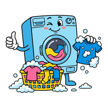 Friendly Washing Machine Mascot Holding Clean Blue Shirt