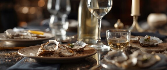Fototapeta premium Fine art event macro capture of a table set with oysters wine and water in a creative setting