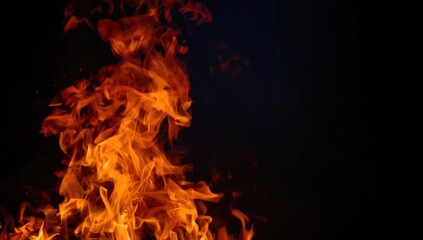 Fototapeta premium Detailed picture of lively orange fire flames dancing vividly with dark contrasting background