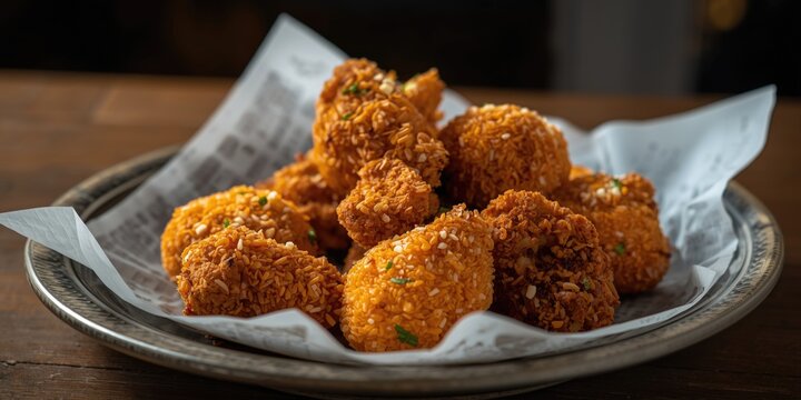 fried chicken served with crunchy cheese ball appetizers