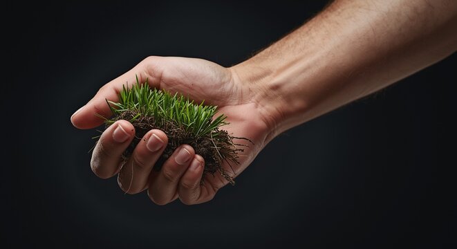Close up of a human hand gently holding a clump of fresh green grass with soil and roots against a dark background