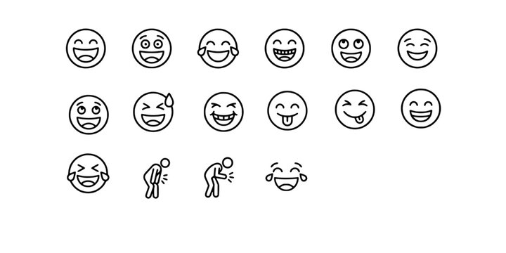 Icon set collection of laughing and happy emoji faces, expressing joy, humor, amusement, funny expressions, and cheerful emotions for communication