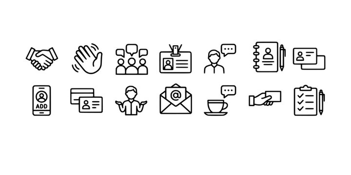Icon set collection of business networking and communication icons, including handshakes, ID cards, business cards, mail, coffee, and checklists.