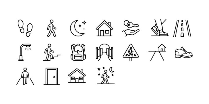 Icon set collection of travel and home navigation symbols, featuring footprints, people walking, houses, keys, backpacks, and street light elements.
