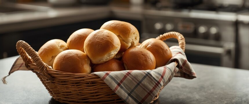 Freshly baked basket of savory dinner rolls atop kitchen counter