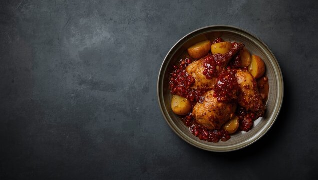Flat layout of gray ceramic dish containing roasted chicken in pomegranate sauce alongside potatoes over a dark background with copy space