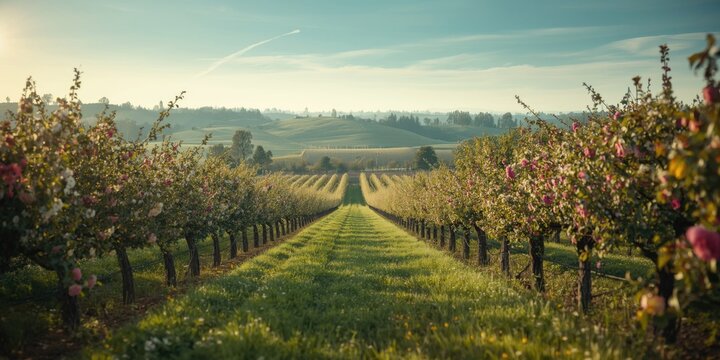 Extensive orchard with floral trees highlighting pastoral agricultural land
