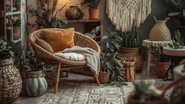Eclectic boho chic apartment decor with comfy rattan chair and potted greenery