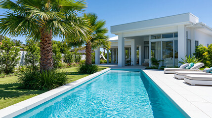 Fototapeta premium Modern house with a long blue swimming pool surrounded by green grass and tall palm trees, lounge chairs on white patio tiles, with copy space
