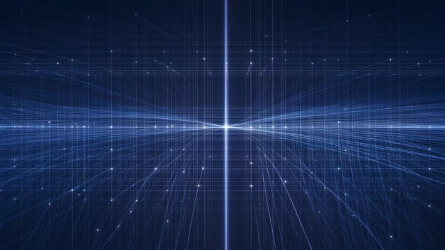 Digital stream of blue glowing particles moving through a laser grid representing complex data network connectivity