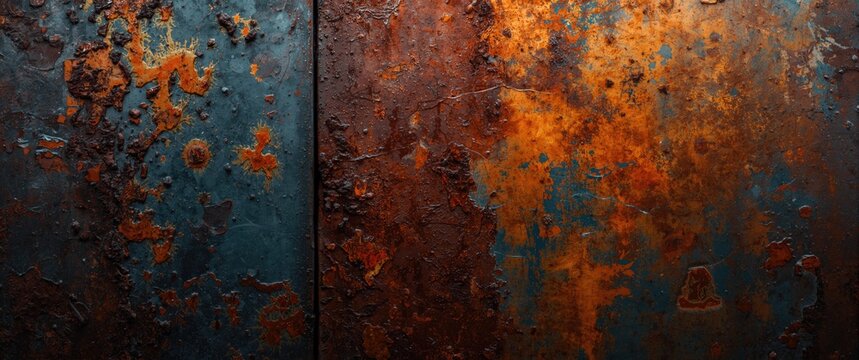 Dark metal and corten steel surface texture with rusty grunge finish and complementary orange blue color scheme for backgrounds